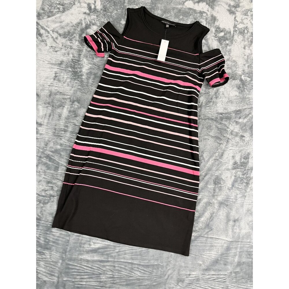 White House Black Market XS Cold Shoulder Striped Dress Pink & Black Stretch NWT
